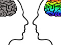 images of two brains: one colorful, one dull brown